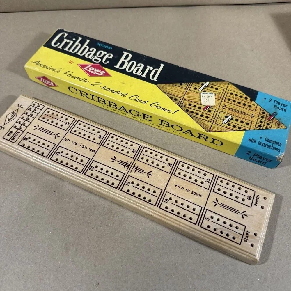 Vintage E.S. Lowe Wood 2-Player Cribbage Board 1503 Pegs Box No Instructions
